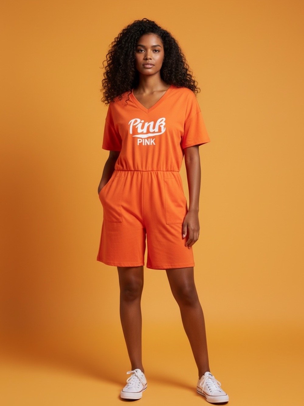 PINK Logo Orange V-Neck Romper